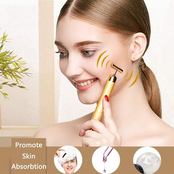 2 in 1 Face Massager Golden Facial Electric 3D Roller and T Shape Arm Eye Nose M - Picture 4 of 6